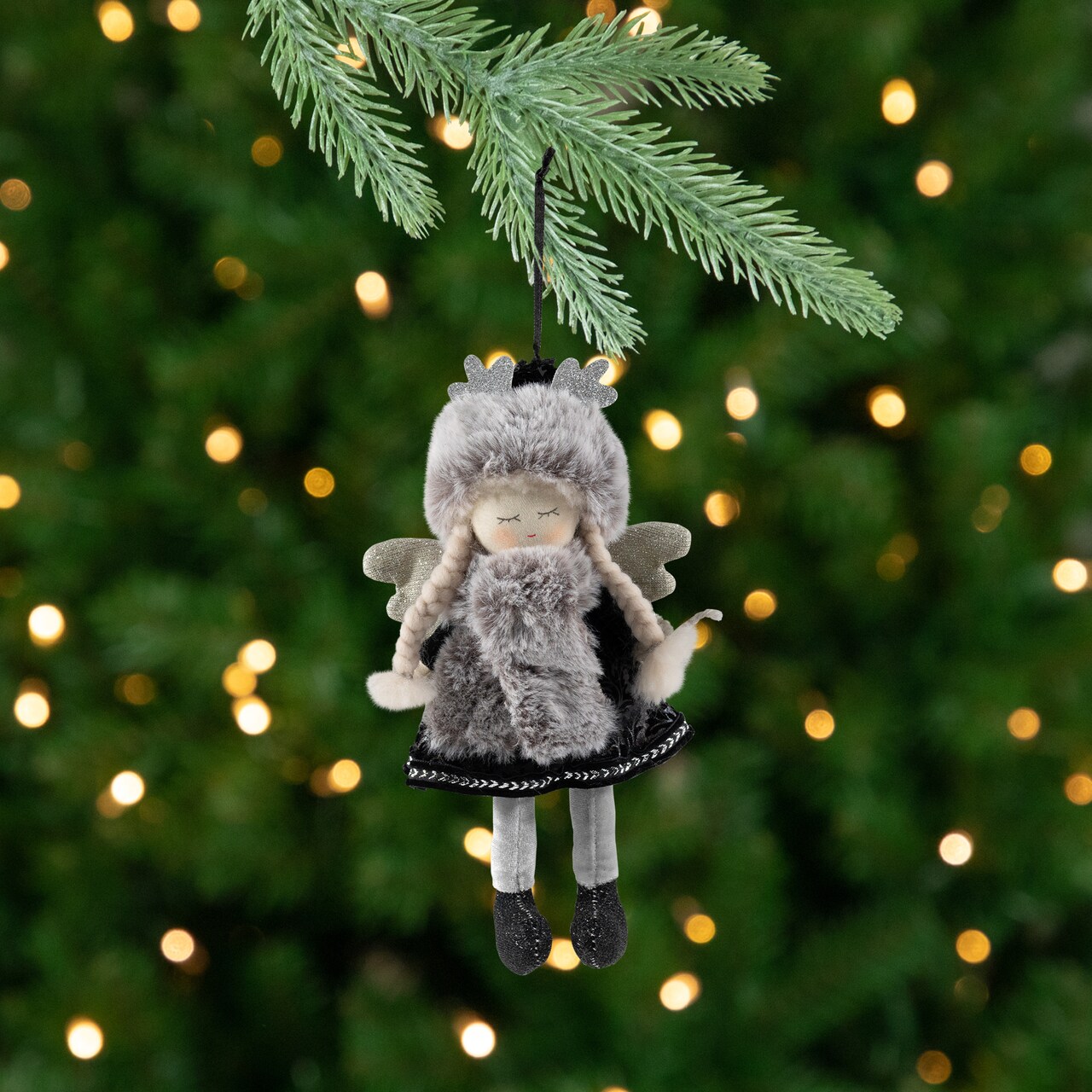 Northlight Plush Winter Angel Girl Hanging Christmas Ornament - 8.5" - Gray and Black